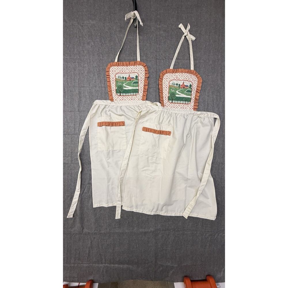 Vintage Country Cottage Farmhouse Bib Apron Embroidered Cottage” USA Lot Of 2